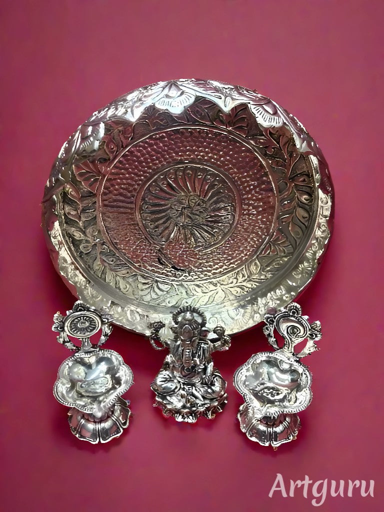 silver plated antique finish urli tray with ganesh with 2 shaunku diya set